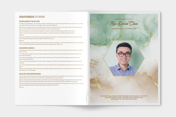 Green and Gold Marble Funeral Program Template 12-Page Large