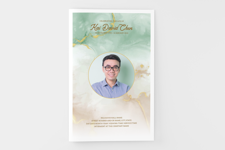 Green and Gold Marble Funeral Program Template 4-Page Small