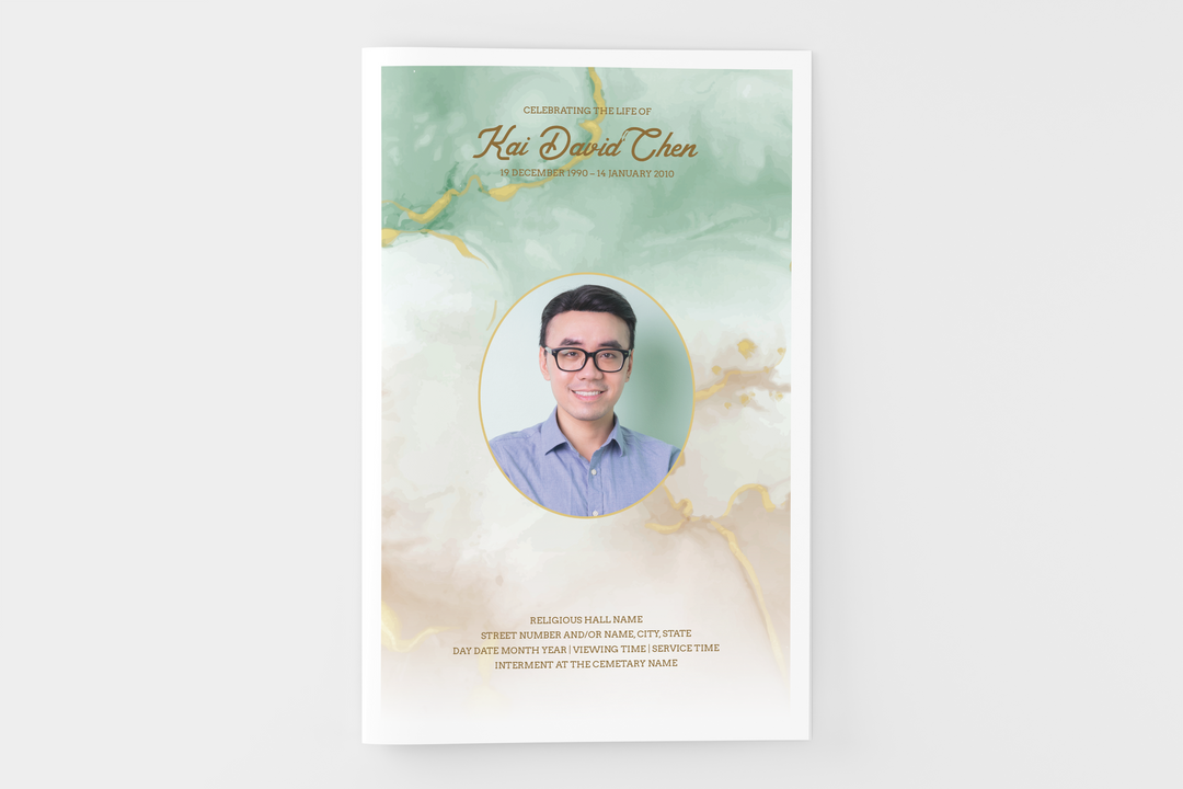 Green and Gold Marble Funeral Program Template 4-Page Small
