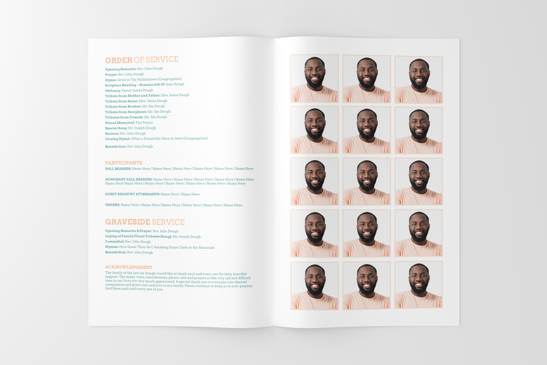 Crea un piccolo programma funebre/commemorativo personalizzato di 4 pagine con il nostro modello digitale stampabile 1012