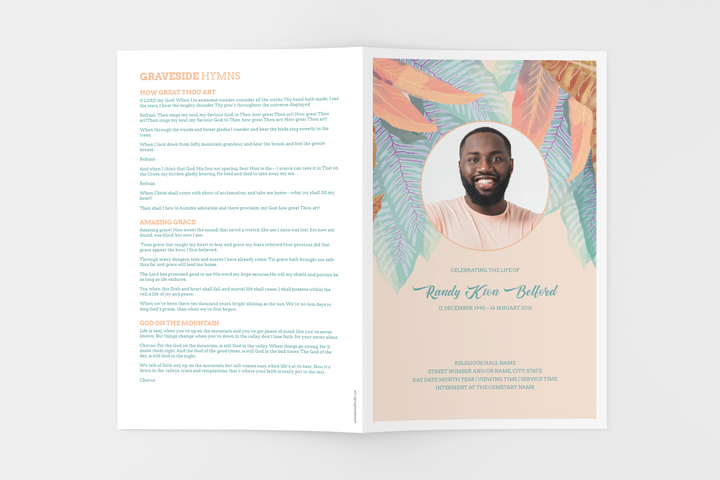 Vibrant Leaf Essential 4-Piece Funeral Template Bundle | Small 8-Page Program, Slideshow, Death Announcement, Invitation, Bookmark Welcome Sign, Share-a-Memory Set, Thank You Card