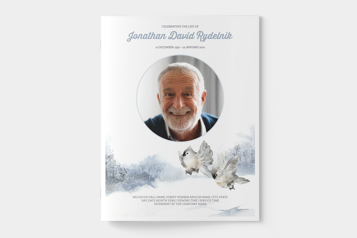 Winter Bird Funeral Program Template 4-Page Large