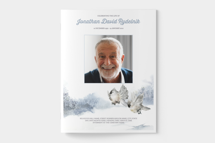 Winter Bird Funeral Program Template 4-Page Large