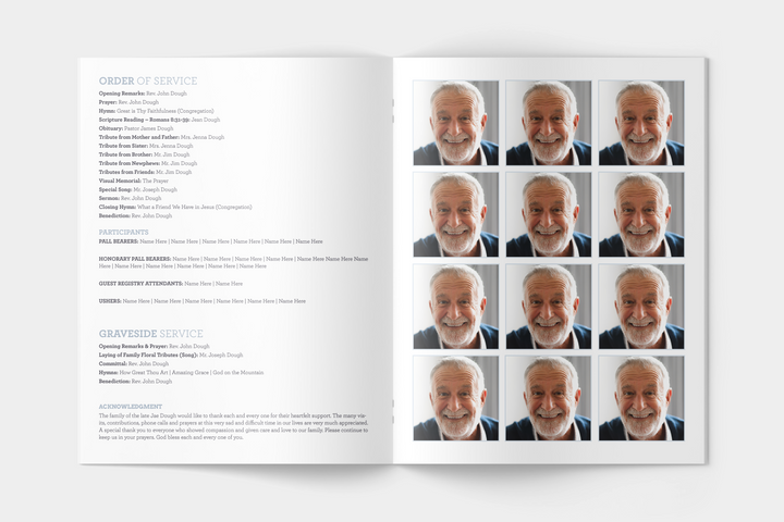 Pacchetto completo di modelli funebri digitali: ampio programma di 4 pagine, presentazione, biglietti d&