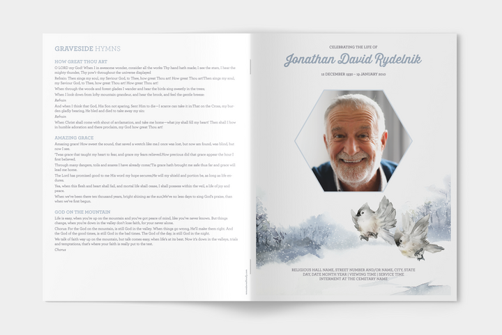 Winter Bird Funeral Program Template 12-Page Large