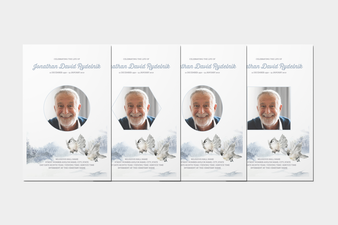 Crea un tributo funebre personalizzato con il nostro pacchetto di modelli digitali: piccolo programma di 8 pagine, presentazione, cartoline, annunci e set di ricordi 1013