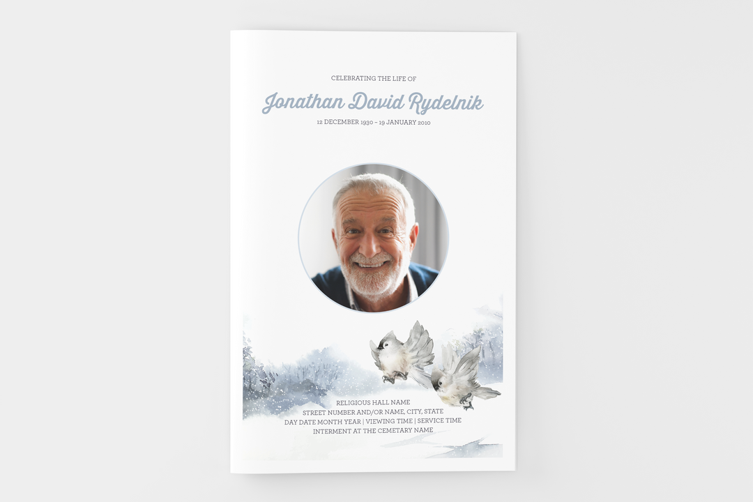 Winter Bird Funeral Program Template 8-Page Small