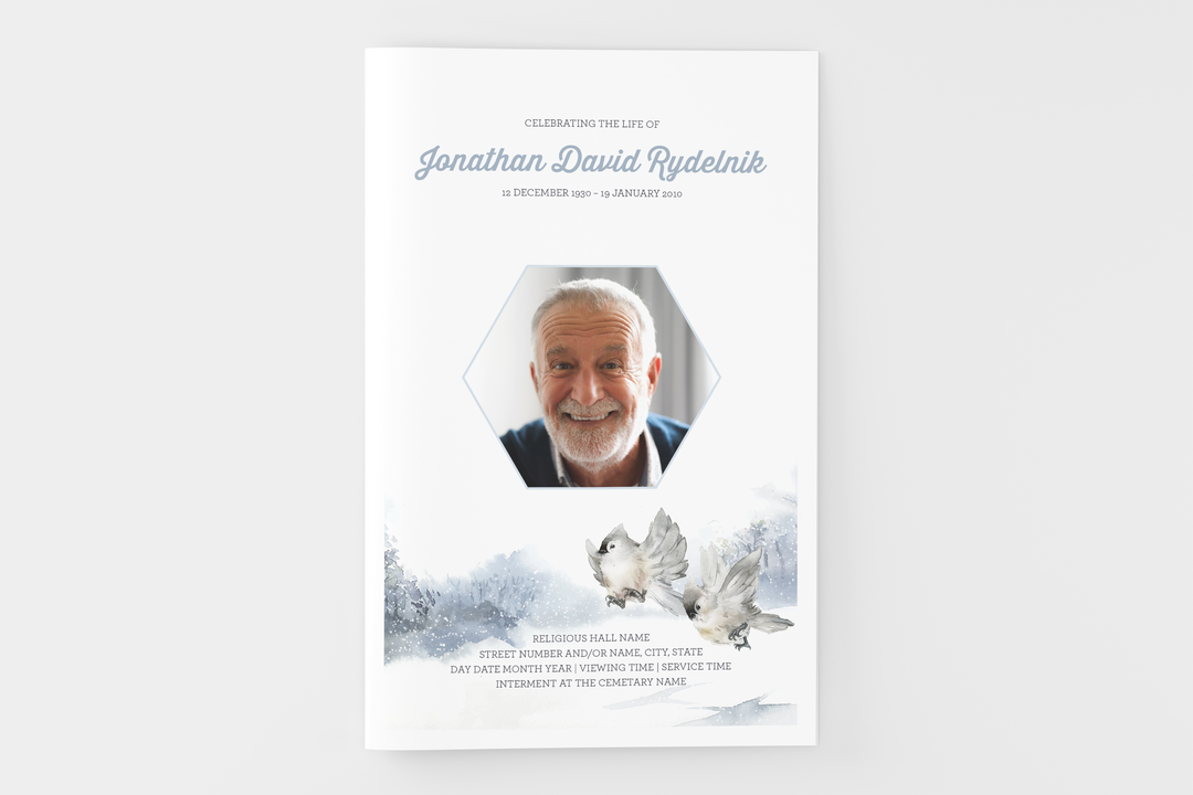 Winter Bird Funeral Program Template 8-Page Small