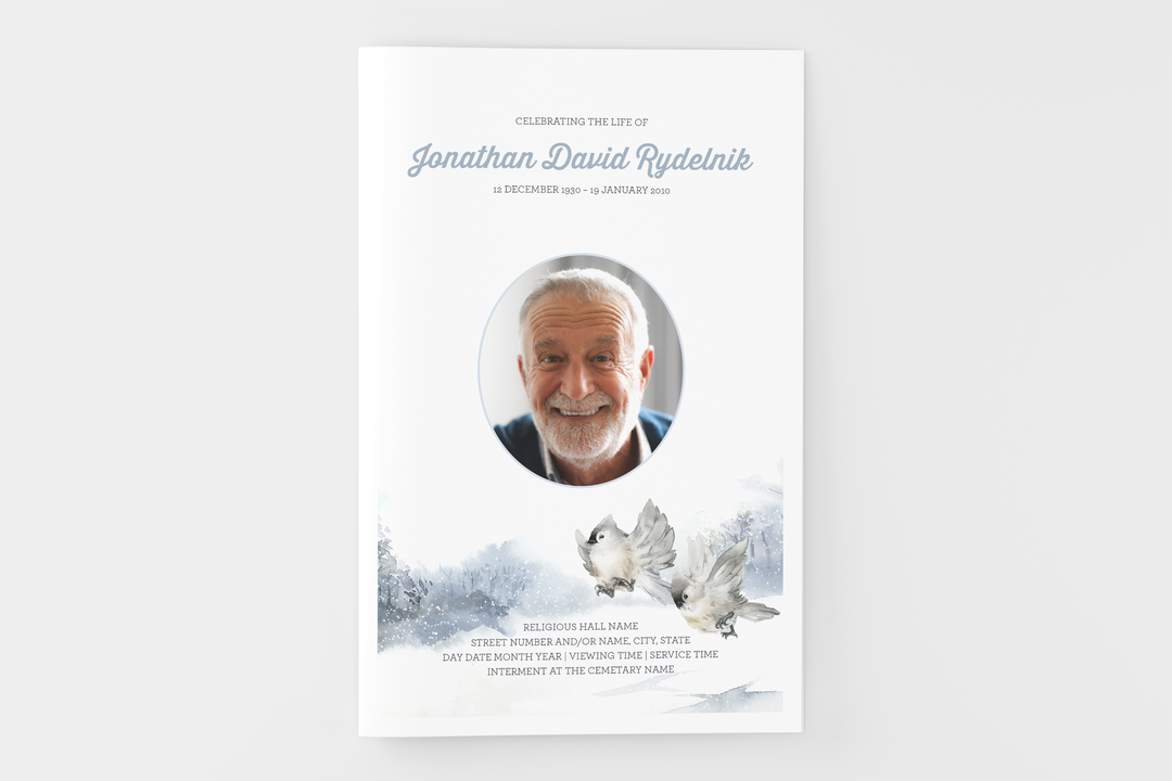 Winter Bird Funeral Program Template 8-Page Small