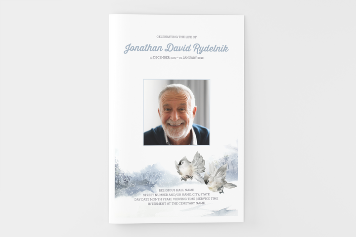Winter Bird Funeral Program Template 8-Page Small