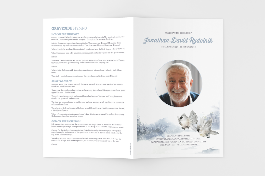 Winter Bird Essential 4-Piece Funeral Template Bundle | Small 4-Page Program, Slideshow, Death Announcement, Invitation, Bookmark Welcome Sign, Share-a-Memory Set, Thank You Card