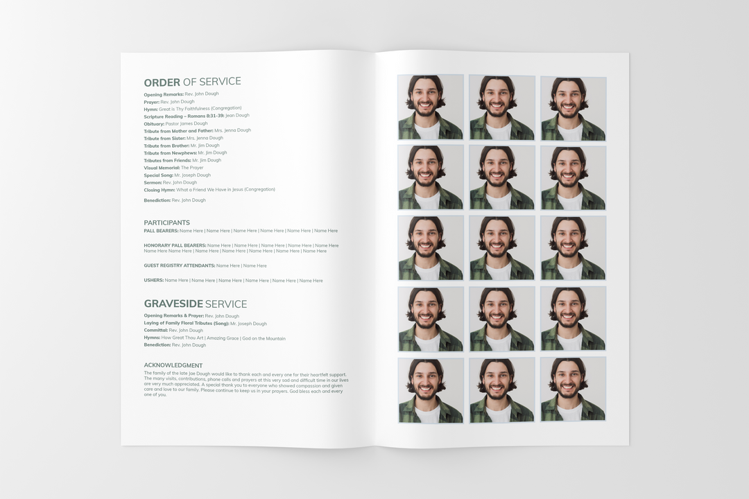 Crea un tributo funebre personalizzato con il nostro pacchetto di modelli digitali: piccolo programma di 8 pagine, presentazione, cartoline, annunci e set di ricordi 1014