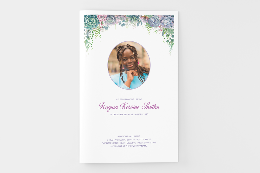 Lush Succulent Funeral Program Template 4-Page Small