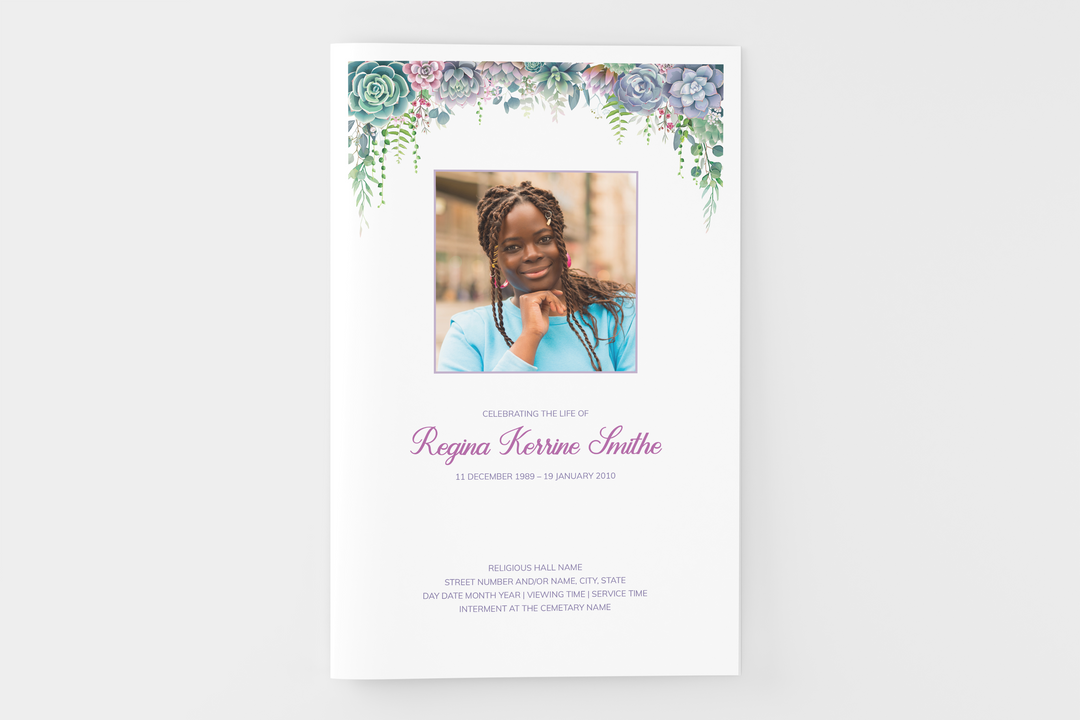 Lush Succulent Funeral Program Template 8-Page Small