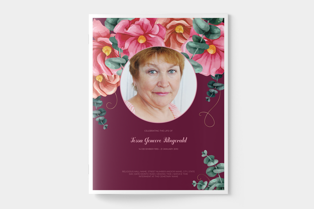 Red and Pink Floral Funeral Program Template 4-Page Large