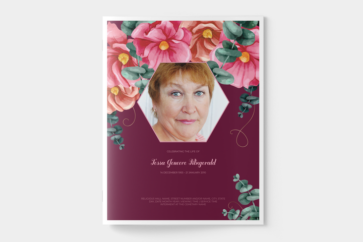 Red and Pink Floral Funeral Program Template 4-Page Large