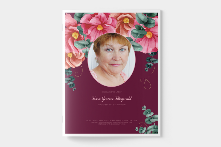 Red and Pink Floral Funeral Program Template 4-Page Large