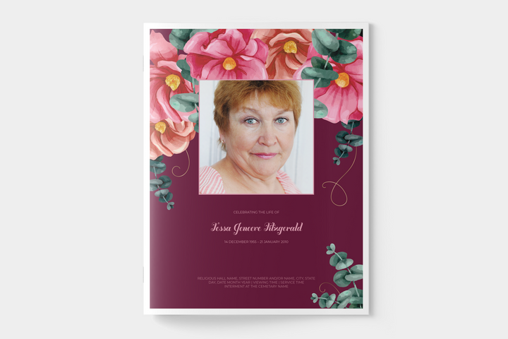 Red and Pink Floral Funeral Program Template 4-Page Large
