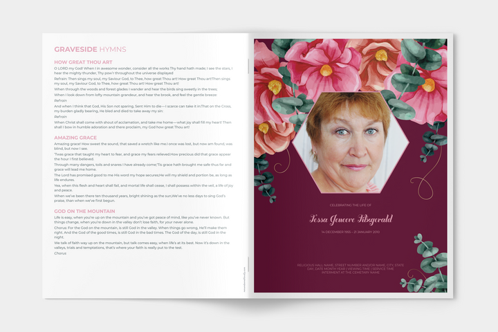 Red and Pink Floral Funeral Program Template 4-Page Large