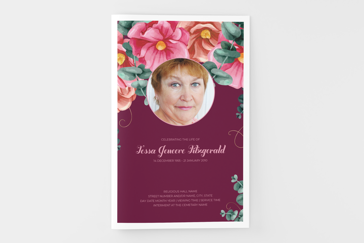 Red and Pink Floral Funeral Program Template 8-Page Small