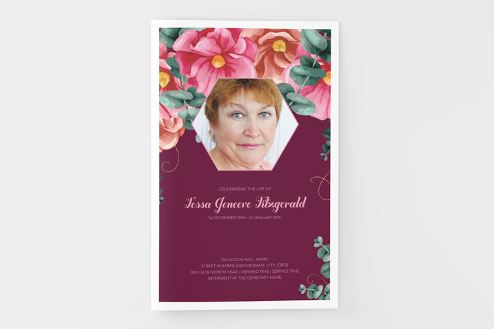 Red and Pink Floral Funeral Program Template 4-Page Small