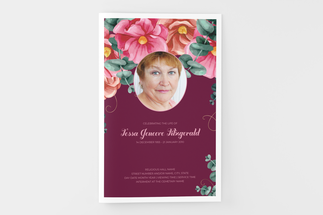 Red and Pink Floral Funeral Program Template 4-Page Small