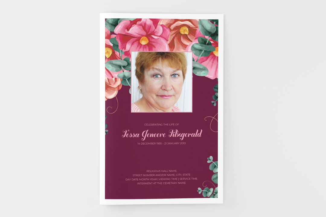 Red and Pink Floral Funeral Program Template 8-Page Small